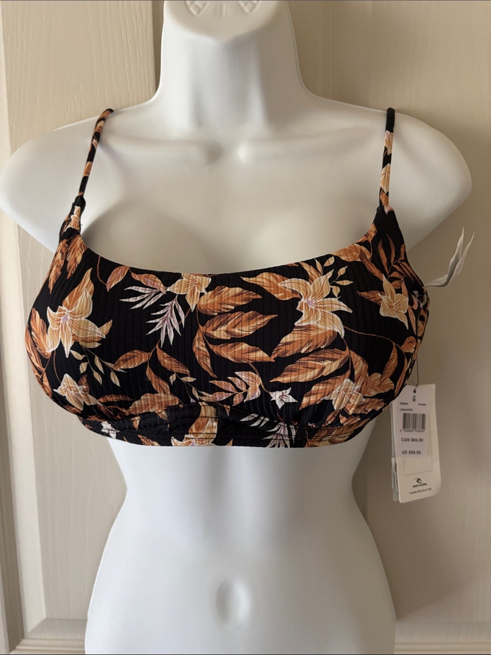 Rip Curl Black Ribbed Floral Bralette with Tan Floral Print